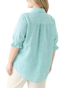 Plus Linen-Blend Button Down Shirt