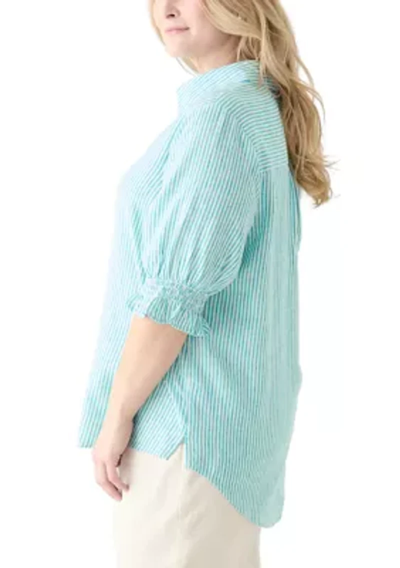 Plus Linen-Blend Button Down Shirt