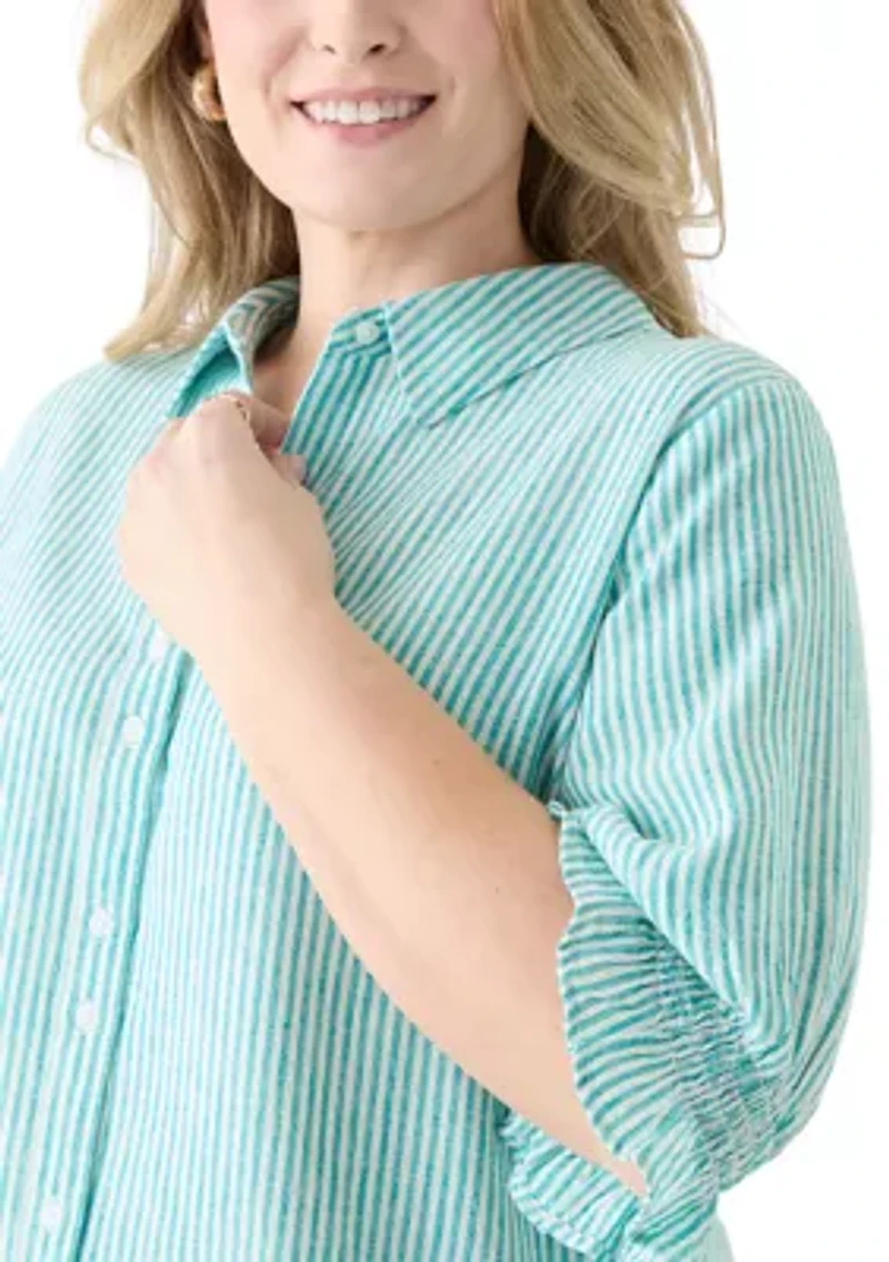 Plus Linen-Blend Button Down Shirt