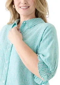 Plus Linen-Blend Button Down Shirt