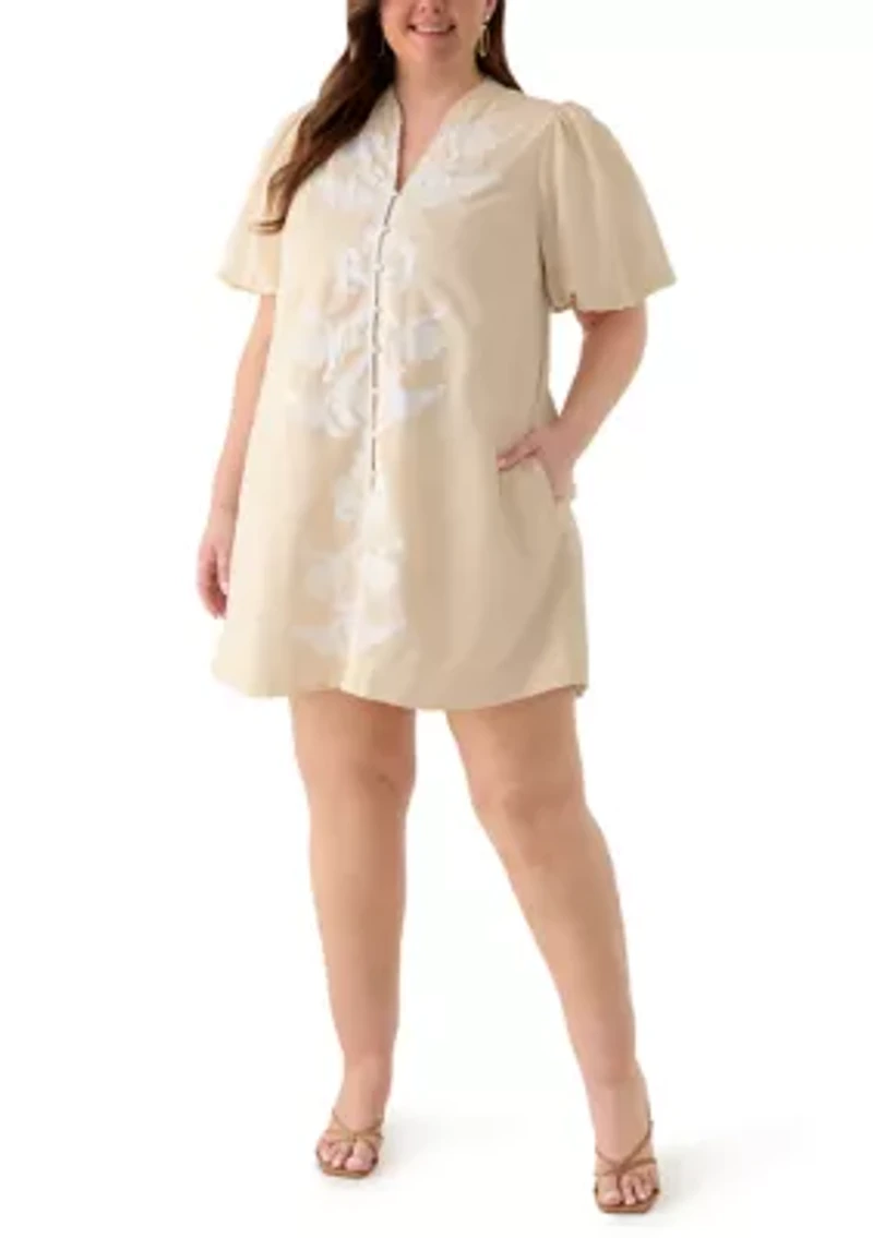 Plus Button Front Embroidered Dress
