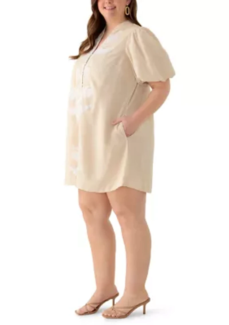 Plus Button Front Embroidered Dress