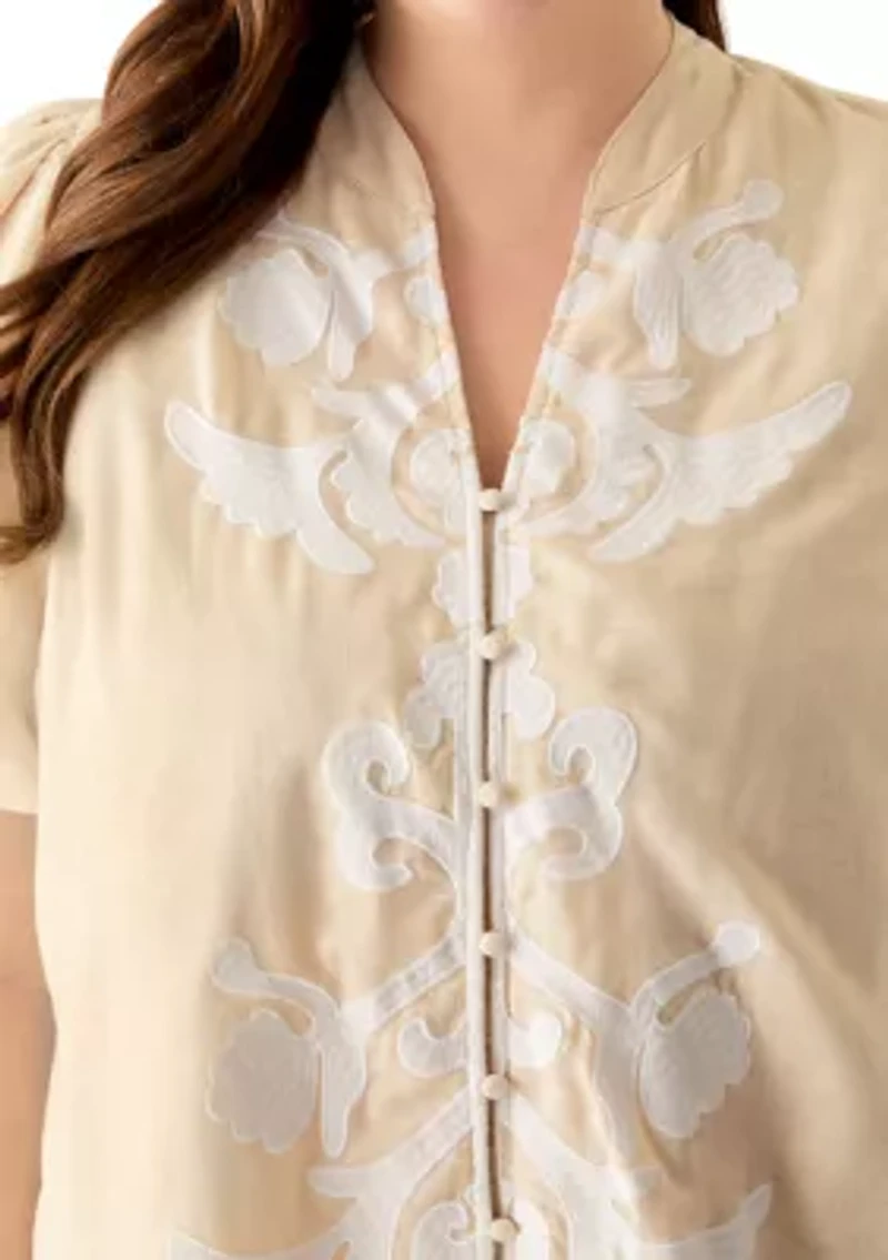 Plus Button Front Embroidered Dress