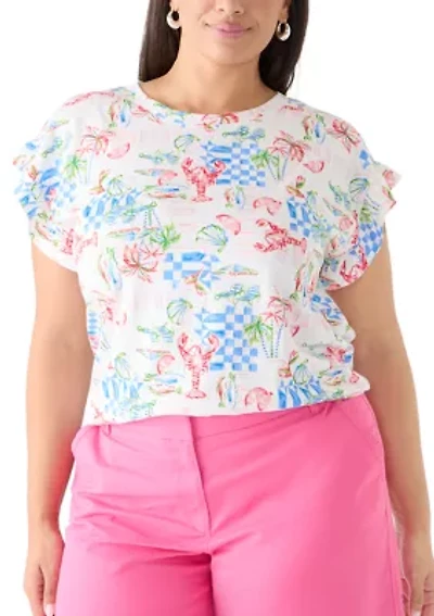 Plus Short Sleeve Ruffle Printed T-Shirt