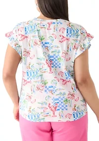 Plus Short Sleeve Ruffle Printed T-Shirt