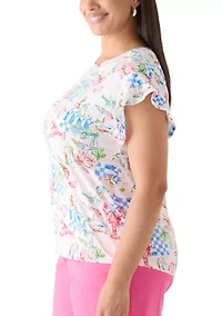 Plus Short Sleeve Ruffle Printed T-Shirt