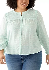 Plus Long Sleeve Smocked Button Up Shirt