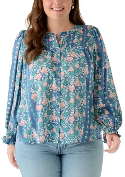 Plus Long Sleeve Smocked Button Up Shirt