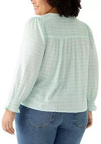 Plus Long Sleeve Smocked Button Up Shirt