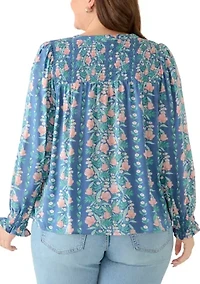 Plus Long Sleeve Smocked Button Up Shirt