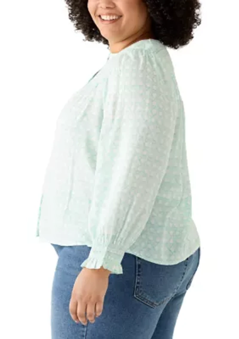 Plus Long Sleeve Smocked Button Up Shirt