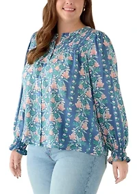 Plus Long Sleeve Smocked Button Up Shirt