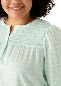Plus Long Sleeve Smocked Button Up Shirt