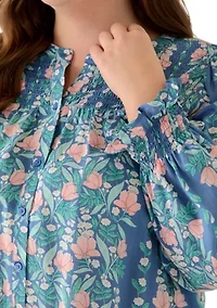 Plus Long Sleeve Smocked Button Up Shirt