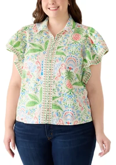 Plus Flutter Sleeve Poplin Print Top