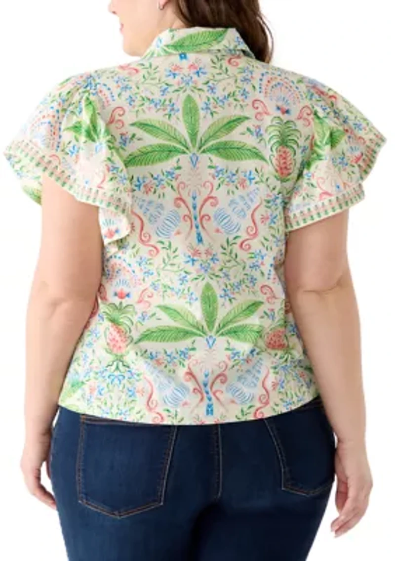 Plus Flutter Sleeve Poplin Print Top
