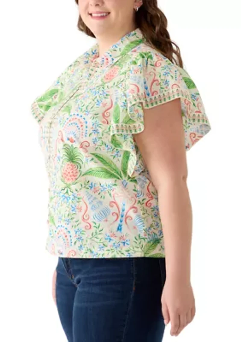 Plus Flutter Sleeve Poplin Print Top