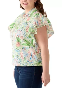 Plus Flutter Sleeve Poplin Print Top