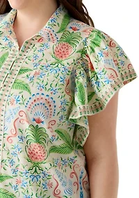 Plus Flutter Sleeve Poplin Print Top
