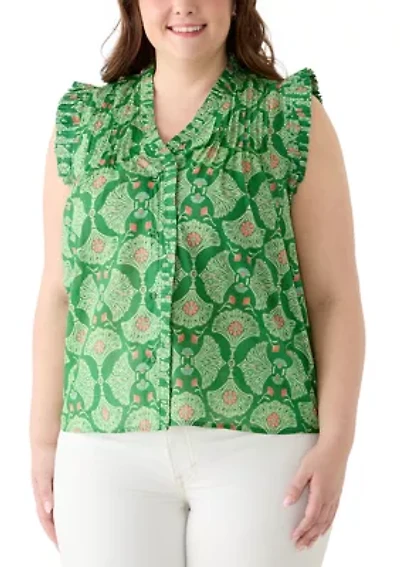 Plus Print Ruffle Neck Top