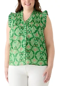 Plus Print Ruffle Neck Top