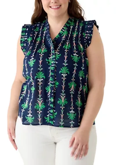 Plus Print Ruffle Neck Top