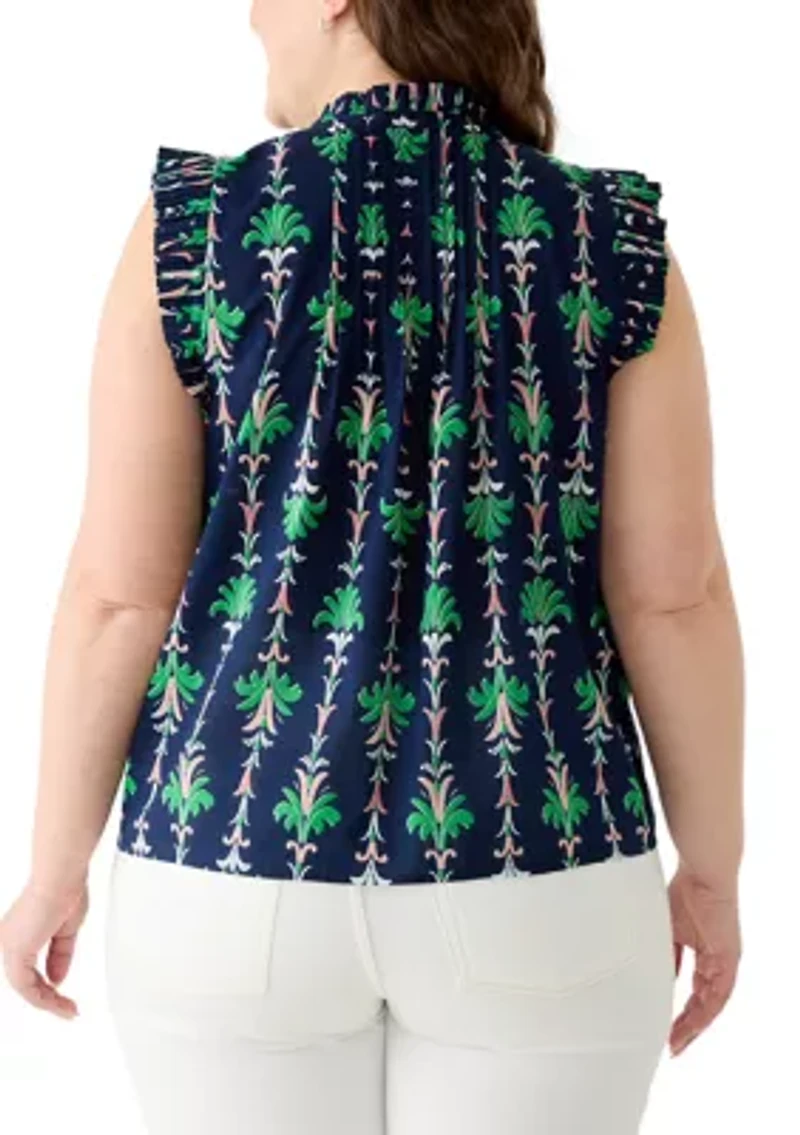 Plus Print Ruffle Neck Top