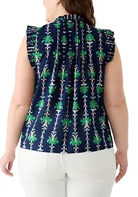 Plus Print Ruffle Neck Top