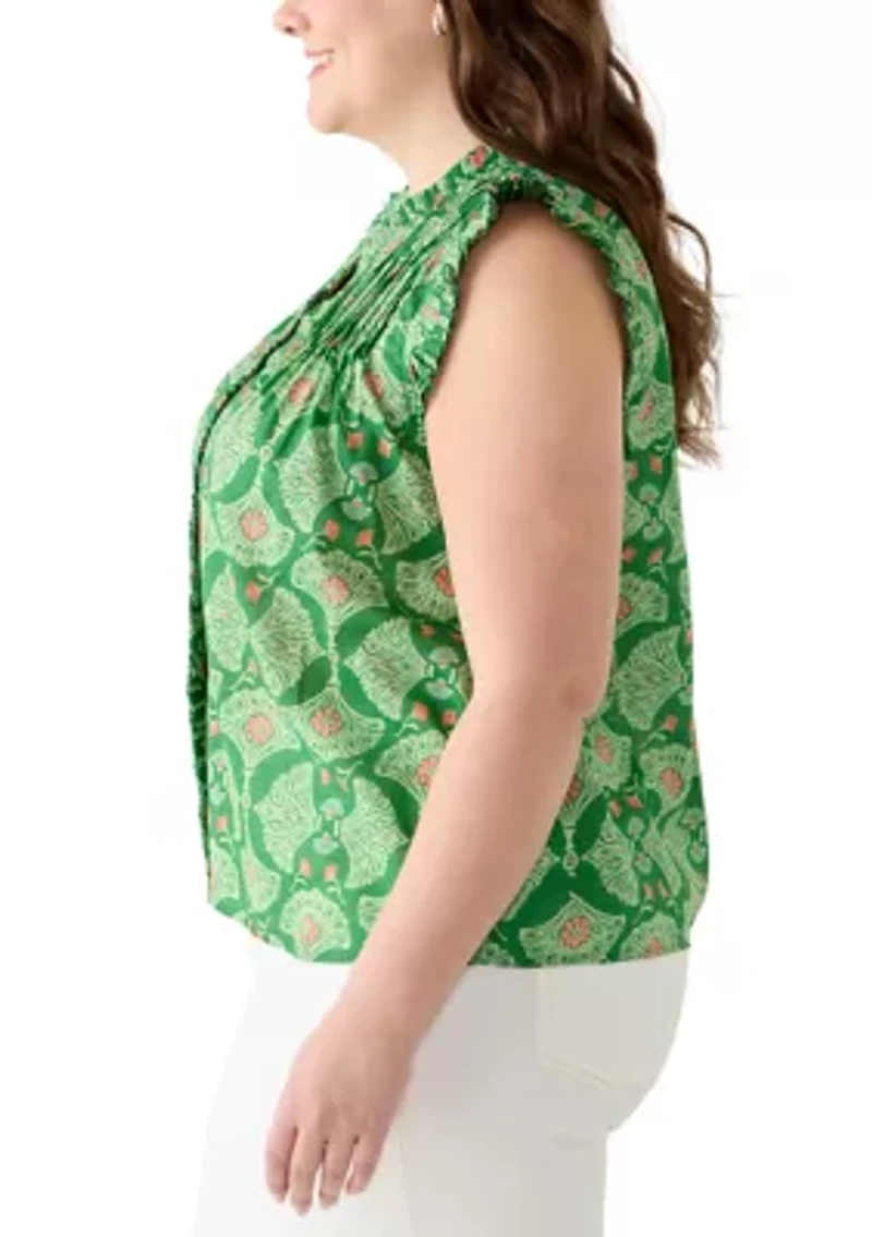 Plus Print Ruffle Neck Top