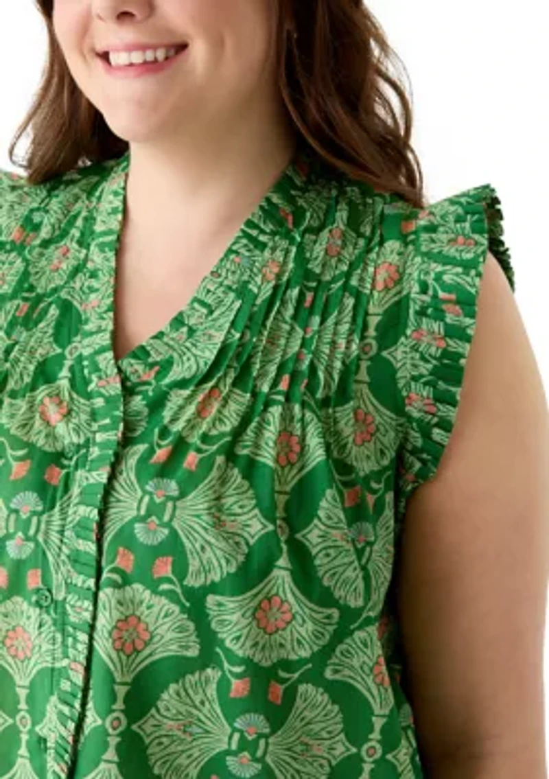 Plus Print Ruffle Neck Top