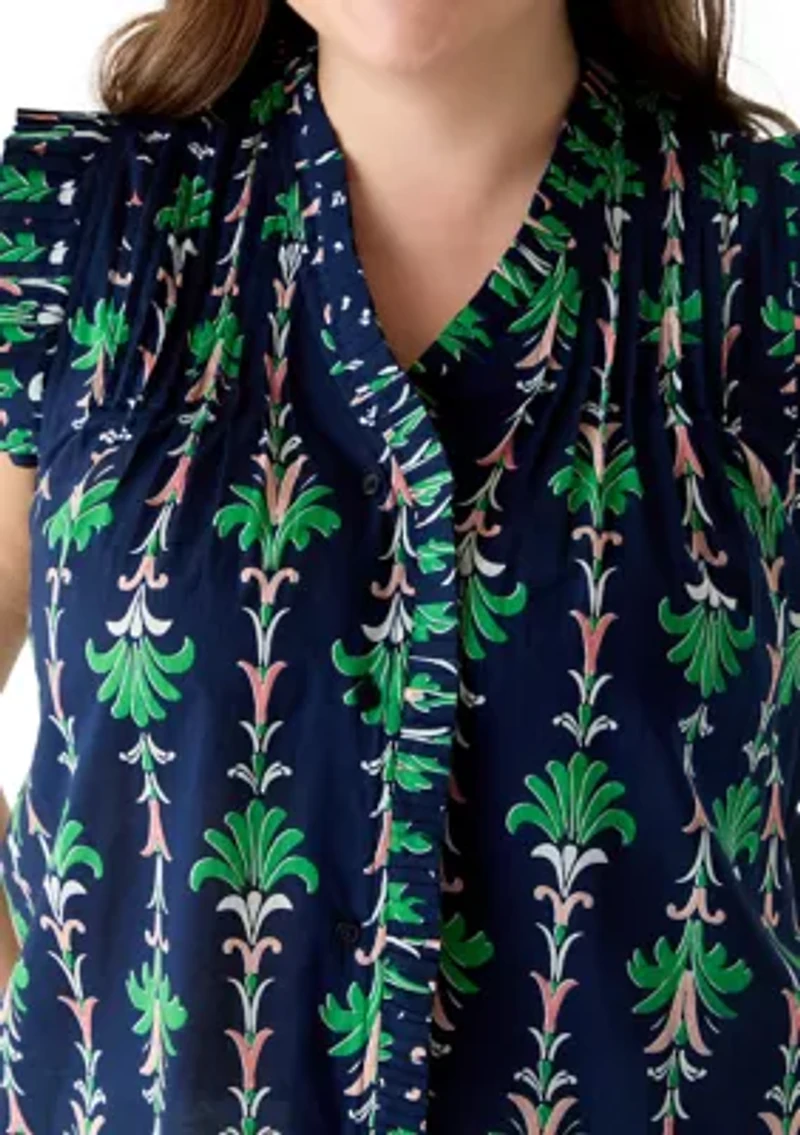 Plus Print Ruffle Neck Top