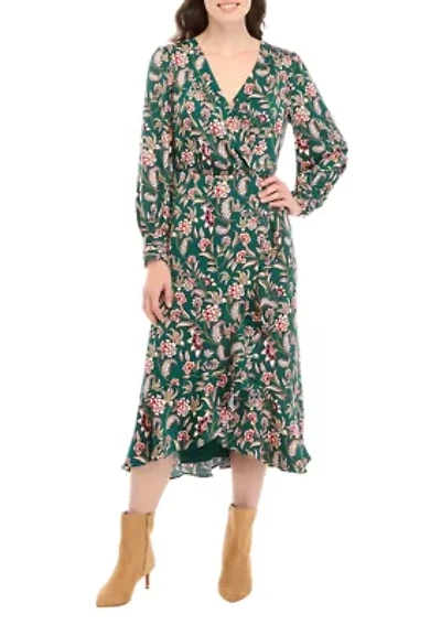 Women's Long Sleeve Printed Faux Wrap Dress