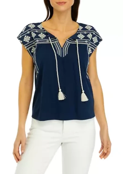 Women's Embroidered Split Neck Top