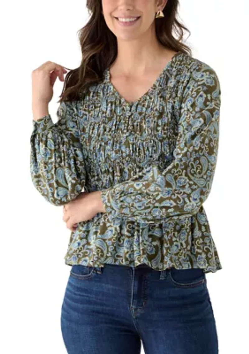 Women's Long Sleeve Smocked Knit Top