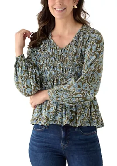Women's Long Sleeve Smocked Knit Top