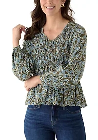 Women's Long Sleeve Smocked Knit Top