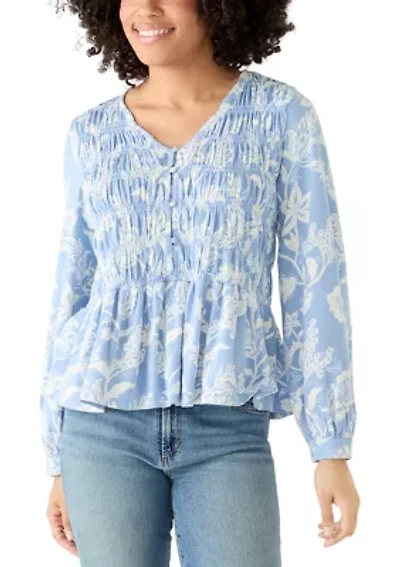Women's Long Sleeve Smocked Knit Top