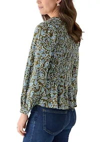 Women's Long Sleeve Smocked Knit Top