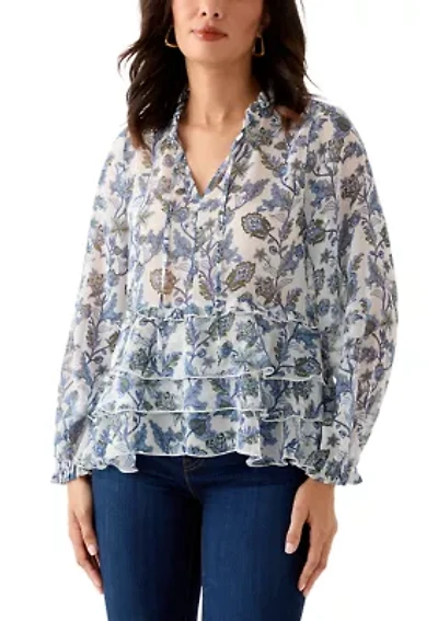 Women's Ruffle Sleeve Printed Peasant Top