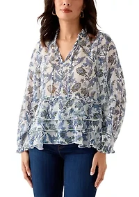 Women's Ruffle Sleeve Printed Peasant Top