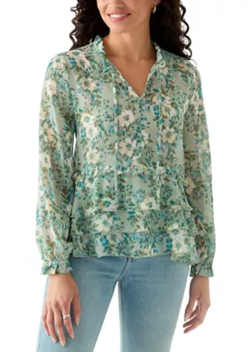 Women's Ruffle Sleeve Printed Peasant Top