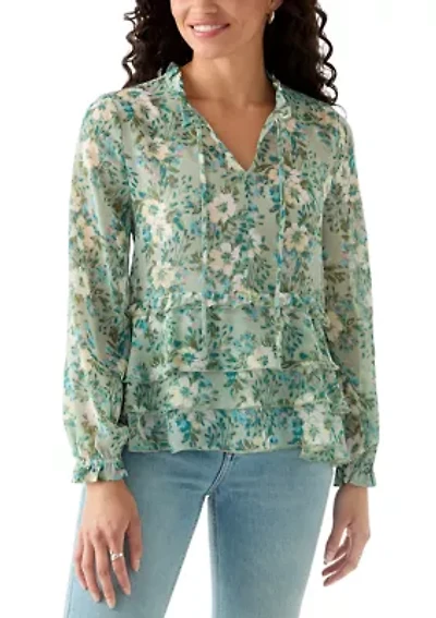 Women's Ruffle Sleeve Printed Peasant Top