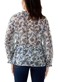 Women's Ruffle Sleeve Printed Peasant Top