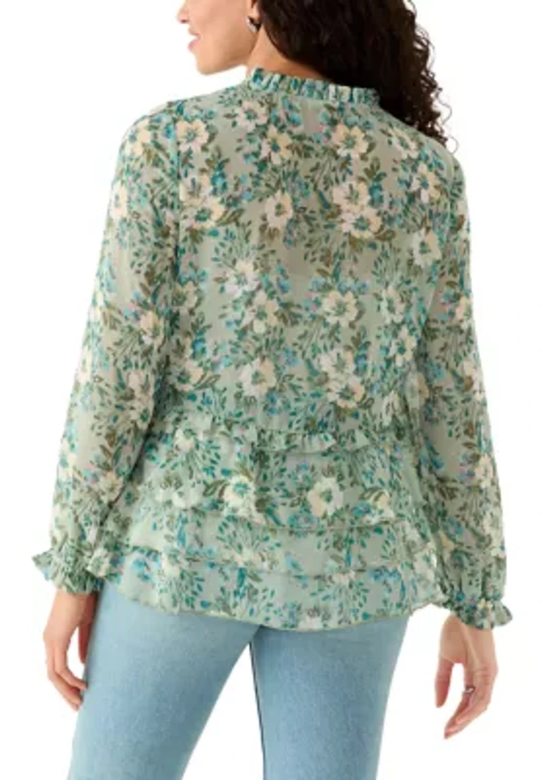 Women's Ruffle Sleeve Printed Peasant Top