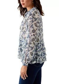Women's Ruffle Sleeve Printed Peasant Top