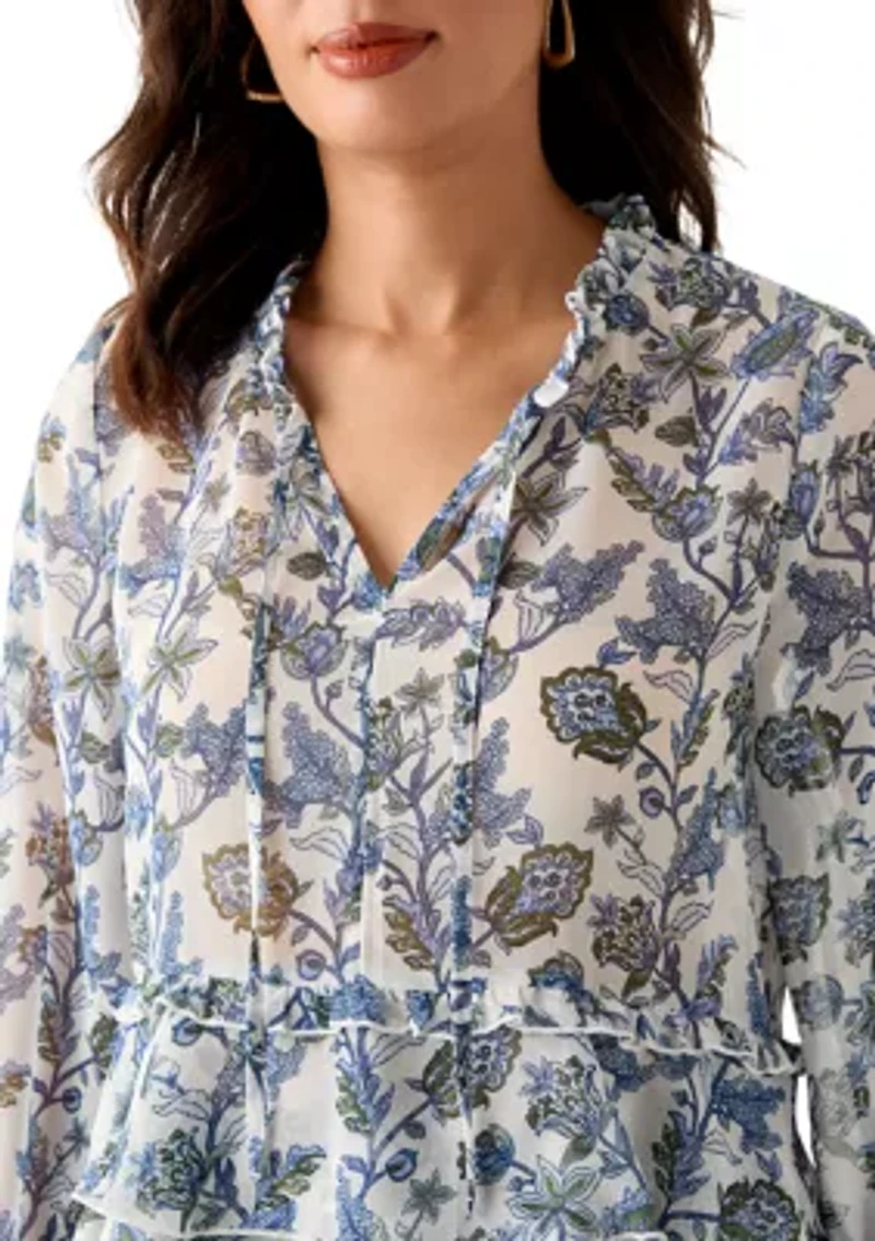 Women's Ruffle Sleeve Printed Peasant Top