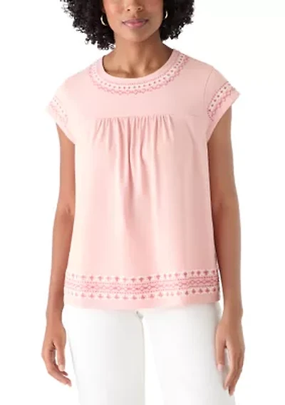 Women's Cap Sleeve Embroidered Swing T-Shirt