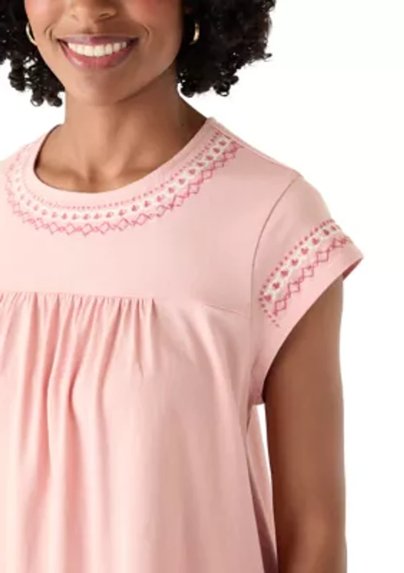 Women's Cap Sleeve Embroidered Swing T-Shirt