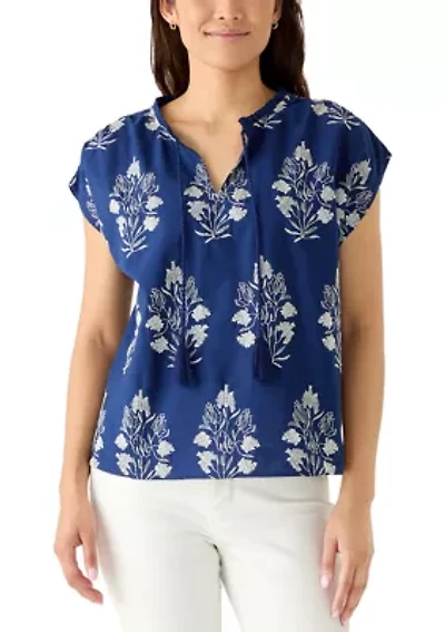 Women's Dolman Sleeve Embroidered Split Neck Top