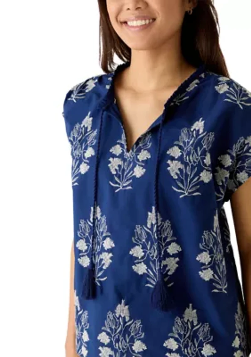 Women's Dolman Sleeve Embroidered Split Neck Top